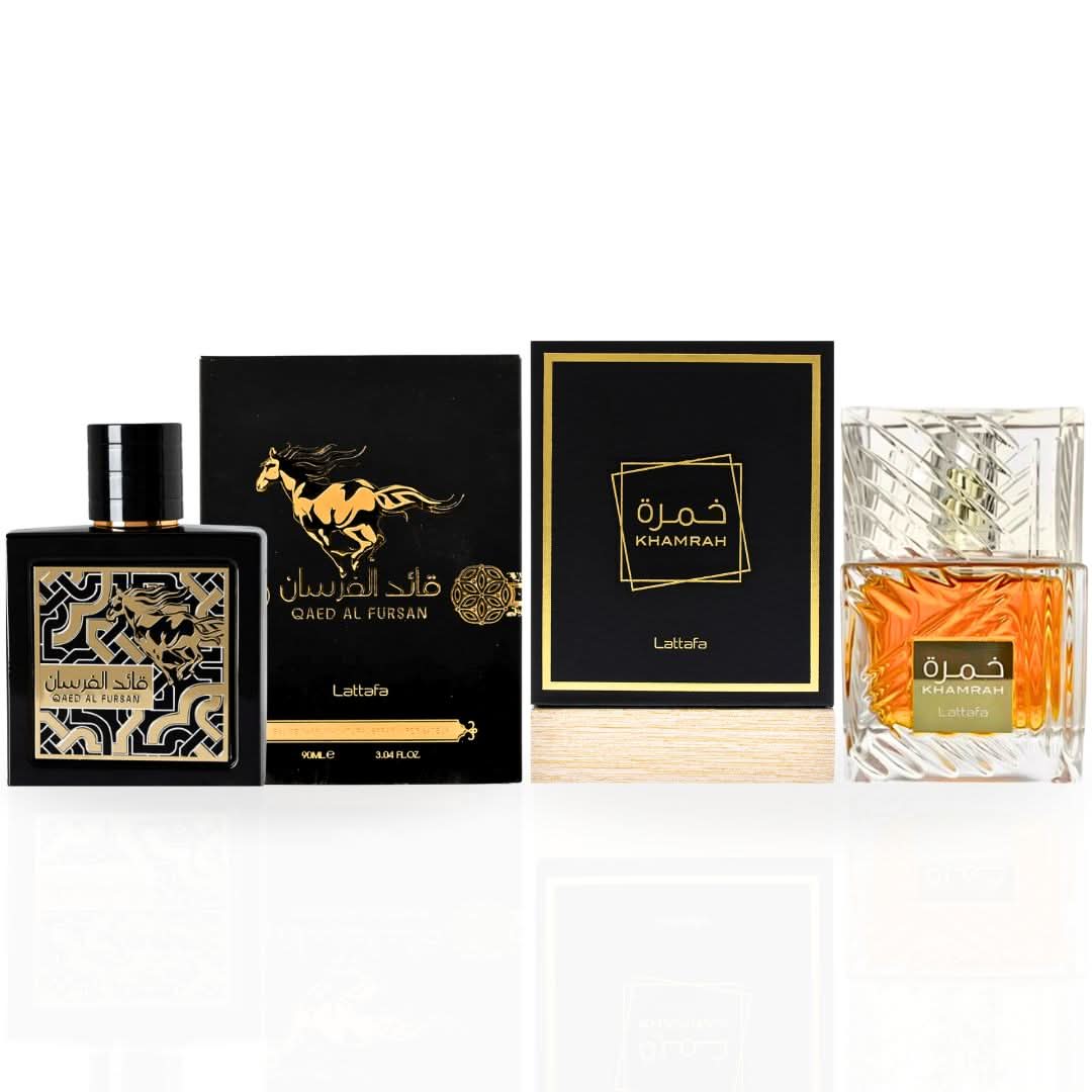 Lattafa Khamrah 100ml and Qaed Al Fursan 90ml Eau de Parfum spray bundle, featuring elegant perfume bottles with decorative caps.