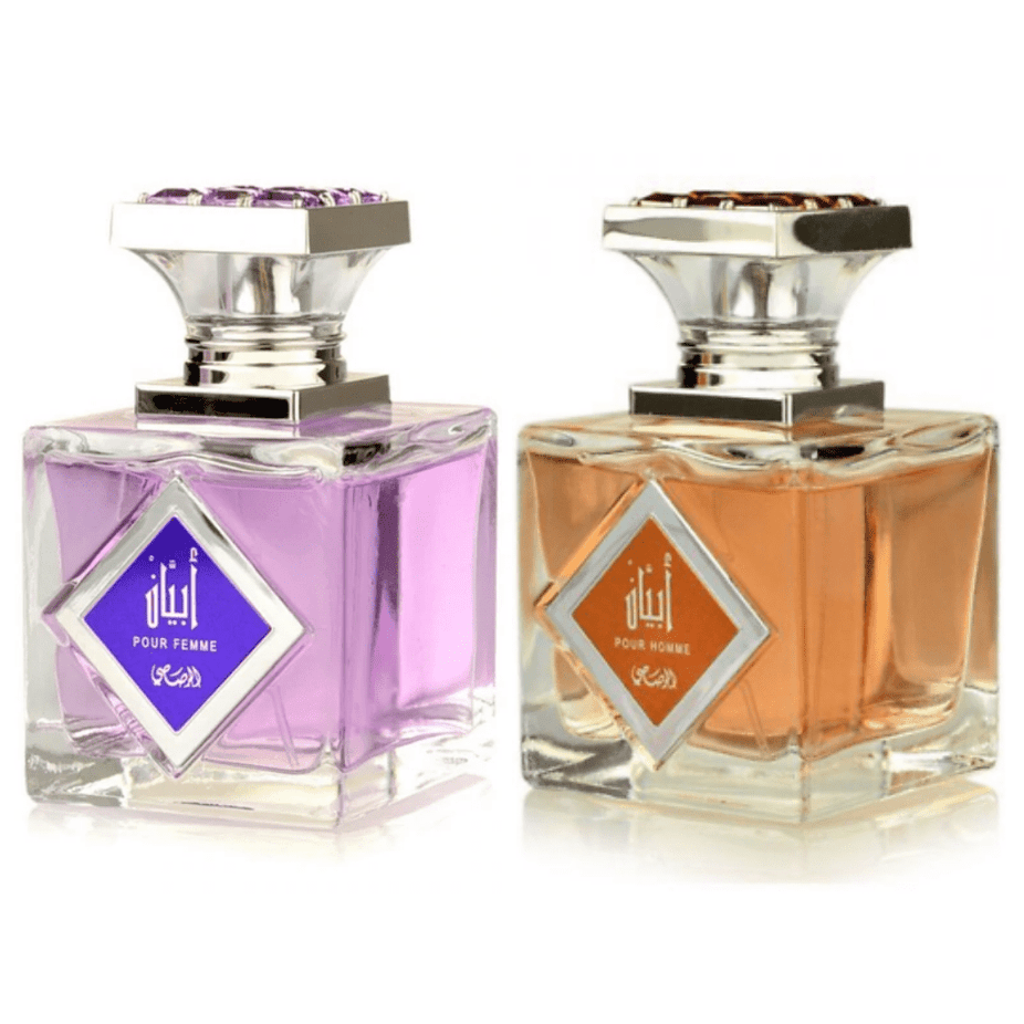 Abyan EDP perfume bundle for men and women by Rasasi, 100ml bottles with elegant packaging and floral, woody fragrance details.