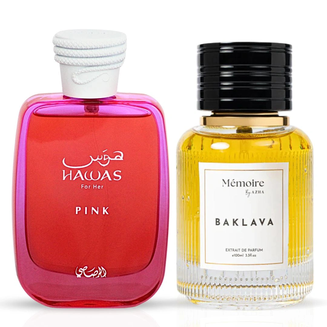 Hawas Pink Eau de Parfum Spray 100ml by Rasasi & Baklava Extrait de Parfum Spray 100ml by Azha | Sweet. Bold. Timeless. (Bundle) - Intense Oud