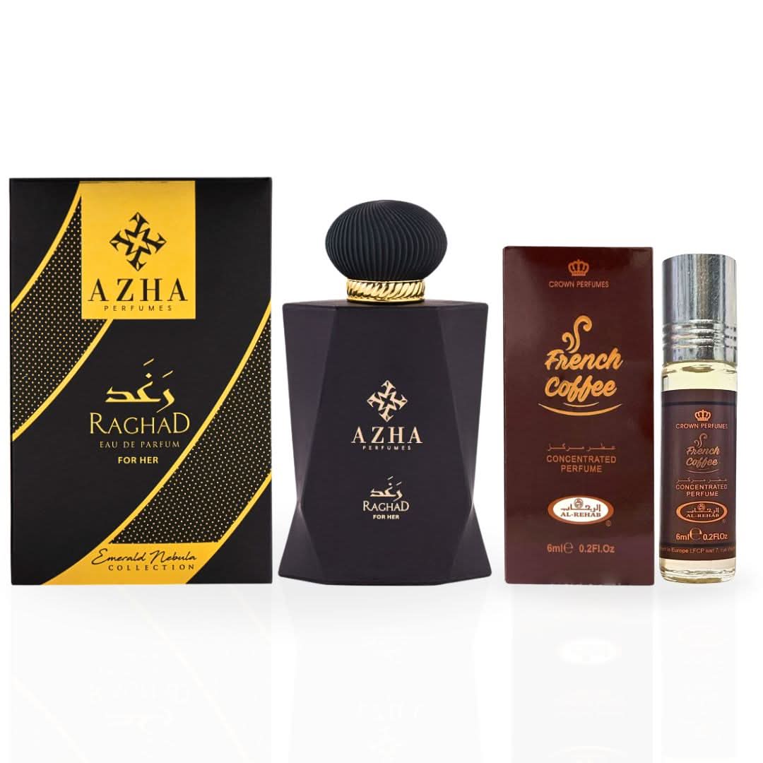Bundle of French Coffee and Raghad Eau de Parfum sprays by Azha, featuring 6ml and 100ml bottles in an Intense Oud packaging.