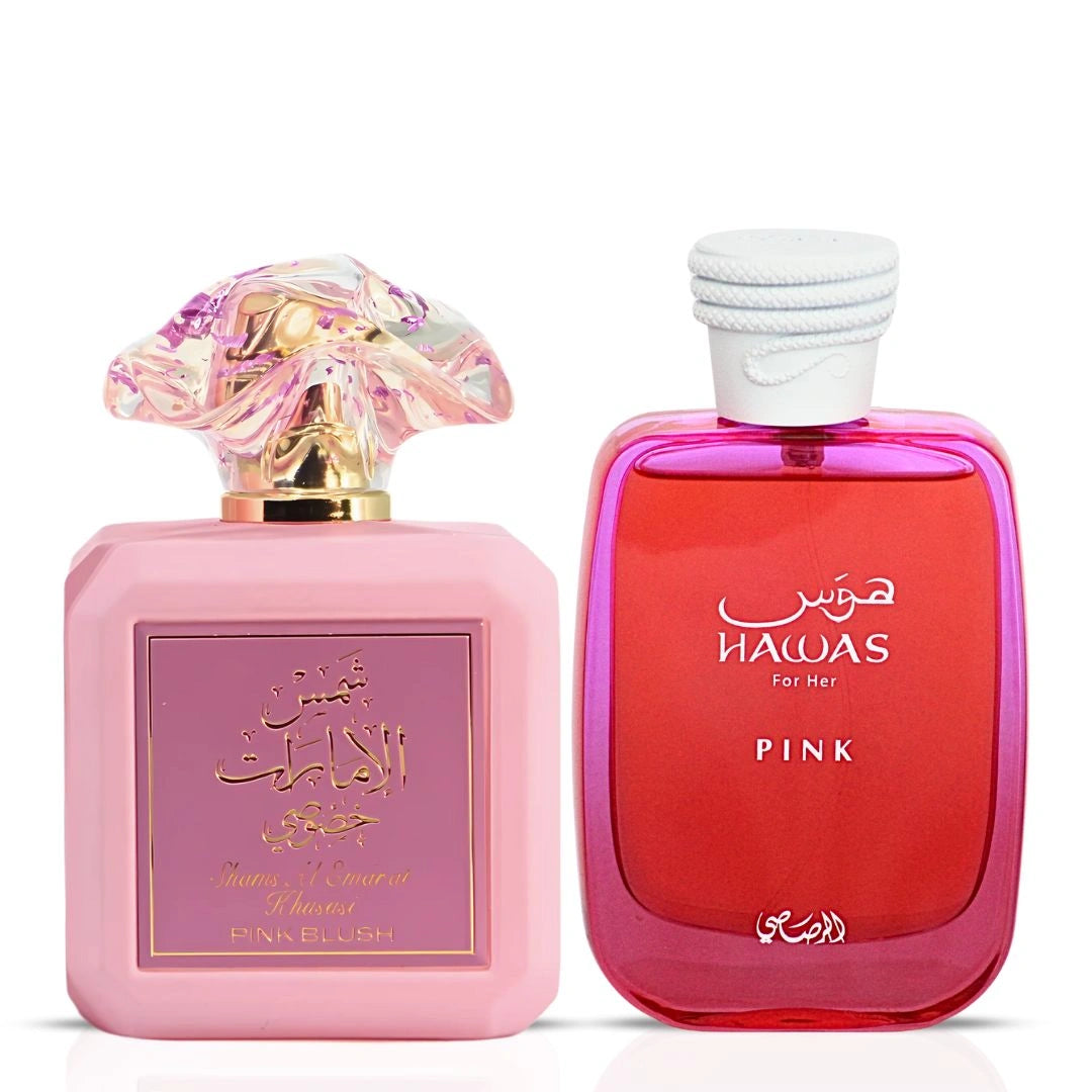Hawas Pink by Rasasi & Pink Blush by Ard Al Zaafaran - Eau de Parfum Sprays 100ml | Playful Sweetness Meets Timeless Elegance (Pink Bundle) - Intense Oud