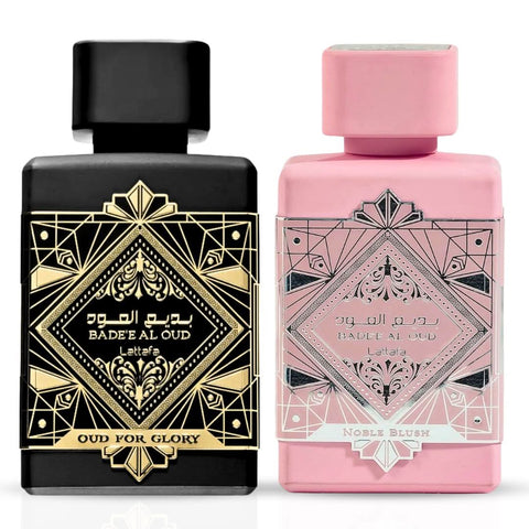 Lattafa Bade'e Al Oud Glory & Noble Blush perfume spray bundle, 100ml each, featuring elegant bottles of aromatic Eau de Parfum.