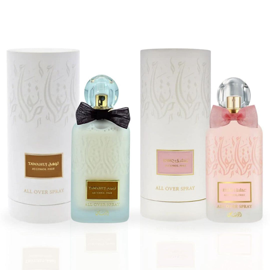 Rasasi Tawahuj & Eshq alcohol-free Eau de Parfum sprays bundle, 100ml, featuring elegant bottles with intricate designs.