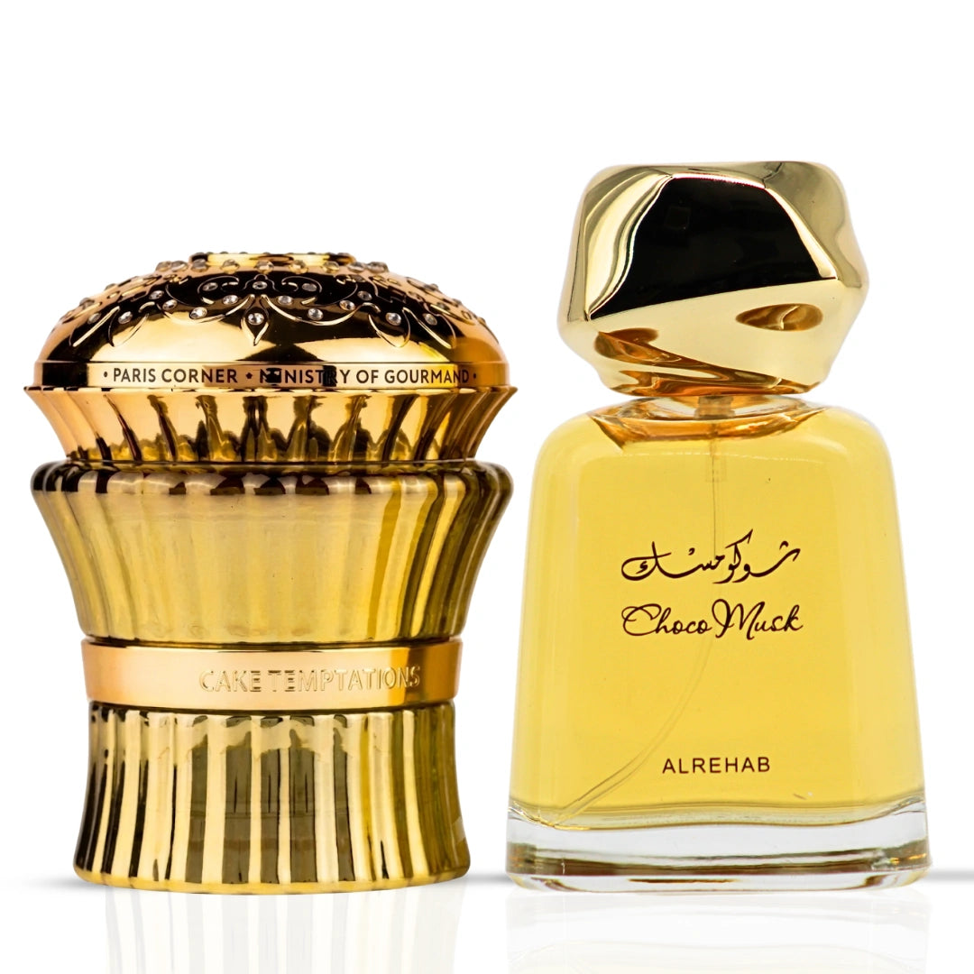 Intense Oud perfume bundle featuring Choco Musk and Cake Temptations Eau de Parfum sprays, 100ml each, with elegant bottle designs.
