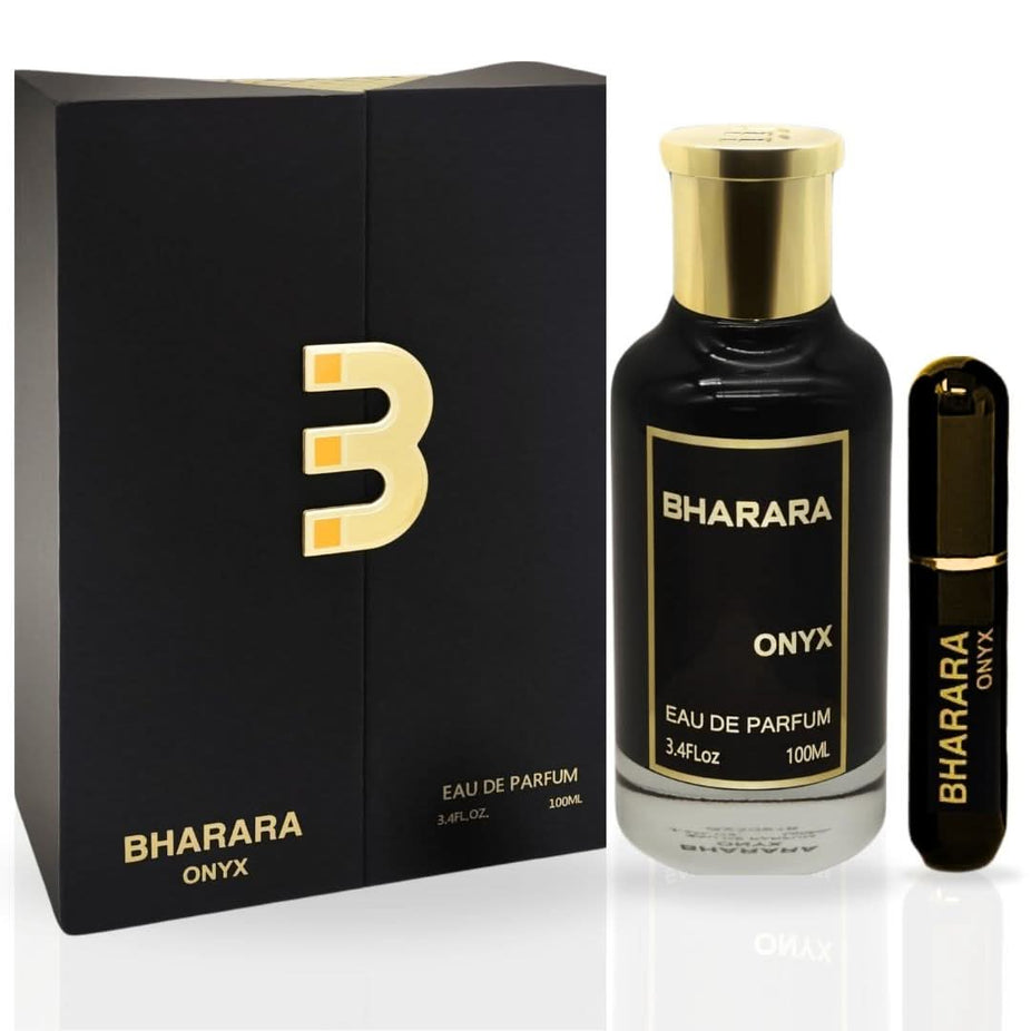 Bharara Onyx Eau de Parfum spray bottle 100ml, elegant black packaging, showcasing the Bharara EDP fragrance design.