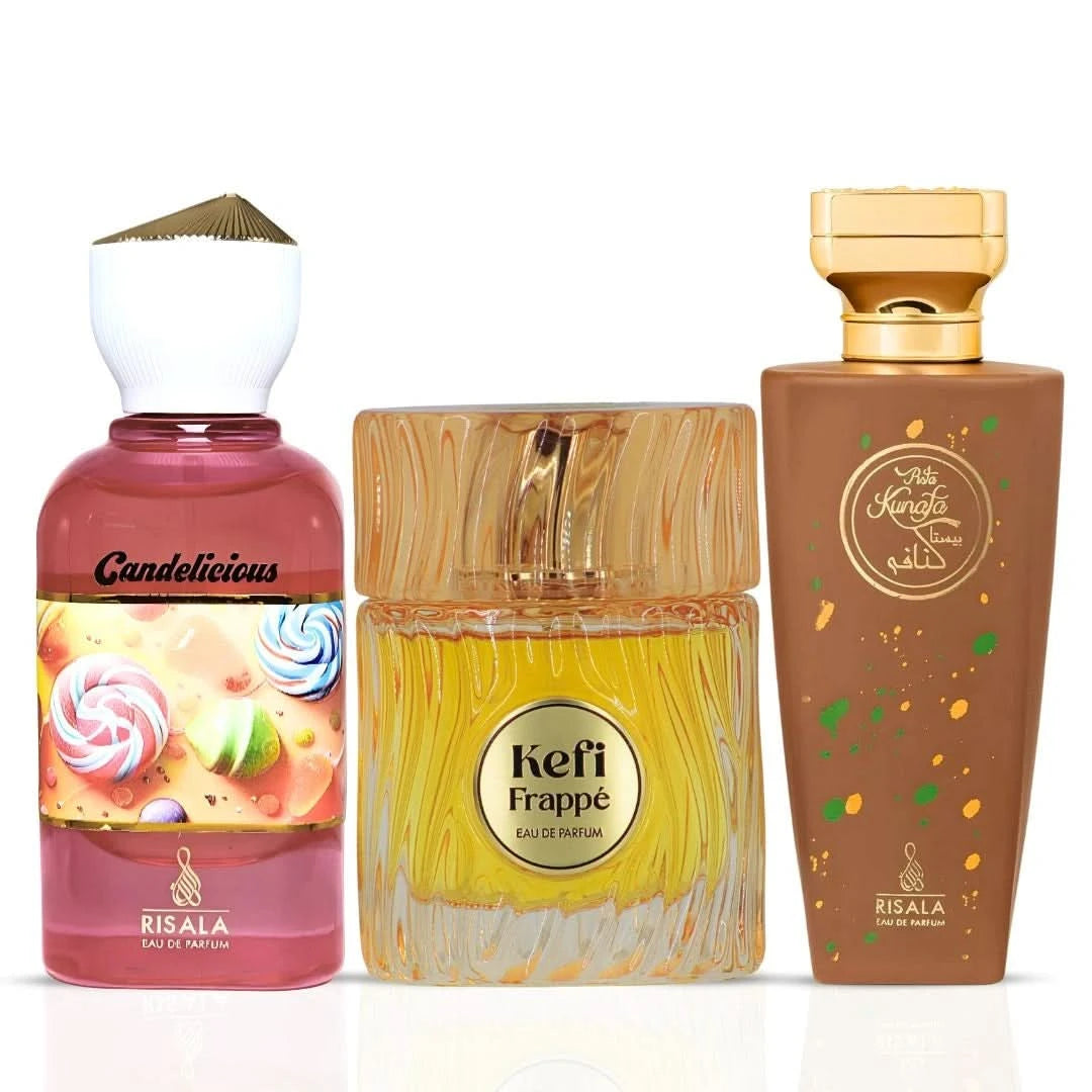 RISALA Candelicious Pista Kunafa & Kefi Frappe Eau de Parfum bundle, 100ml sprays, featuring elegant perfume bottles with colorful labels.