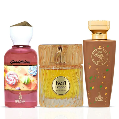 RISALA Candelicious Pista Kunafa & Kefi Frappe Eau de Parfum bundle, 100ml sprays, featuring elegant perfume bottles with colorful labels.