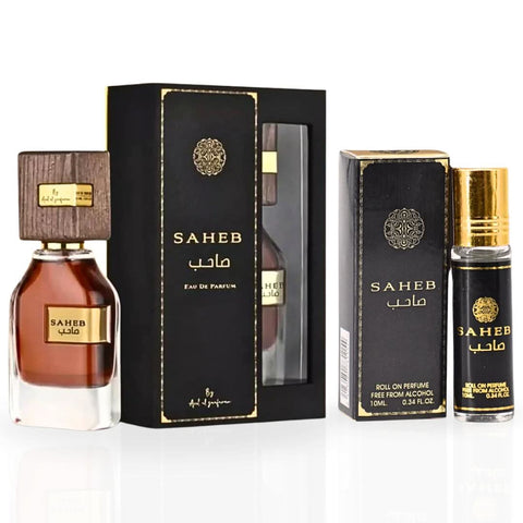 Bundle of Ard Al Zaafaran Saheb Eau de Parfum spray and perfume roll-on, featuring elegant bottles in a compact display.