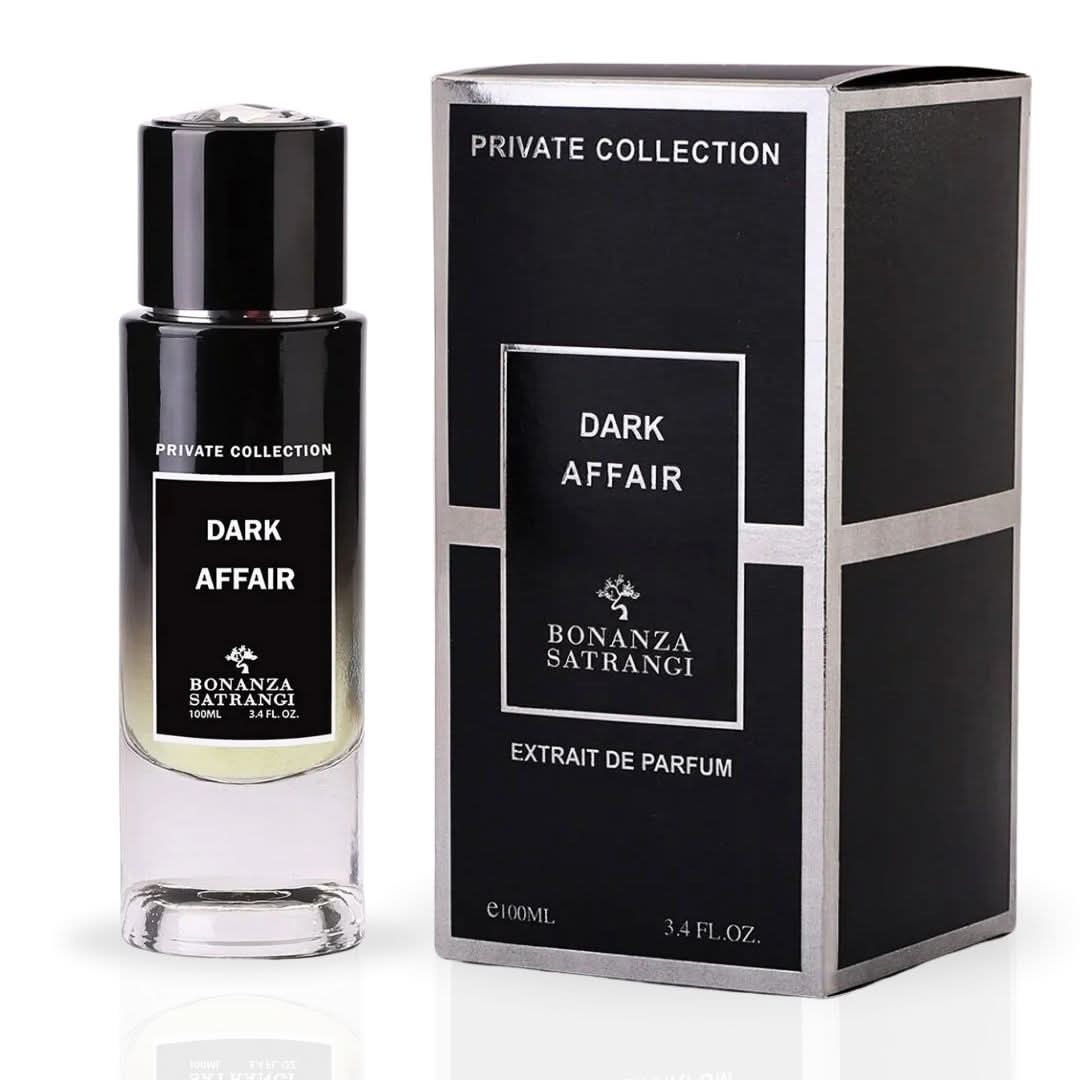 Bonanza Satrangi Dark Affair EDP spray 100ML with a sleek bottle, showcasing its musky-woody fragrance and elegant design.