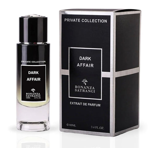 Bonanza Satrangi Dark Affair EDP spray 100ML with a sleek bottle, showcasing its musky-woody fragrance and elegant design.