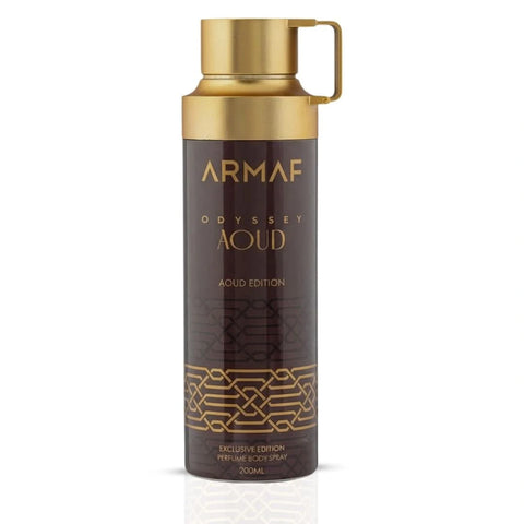 Odyssey Aoud Deodorant Spray by Armaf, 200ml bottle with sleek design, featuring a modern label and spray nozzle.