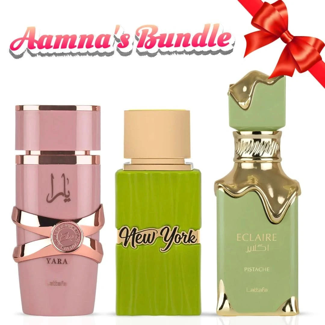 Lattafa Yara Elixir, New York Life by Hamidi, and Eclaire Pistache Eau de Parfum sprays in a 100ml bundle, featuring elegant bottles.