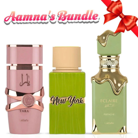 Lattafa Yara Elixir, New York Life by Hamidi, and Eclaire Pistache Eau de Parfum sprays in a 100ml bundle, featuring elegant bottles.