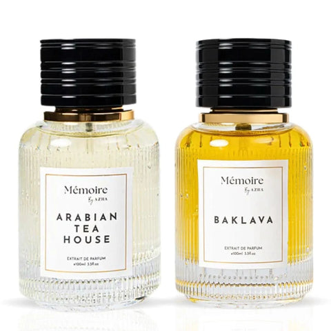 Azha Arabian Tea House & Baklava parfum spray bundle from Memoire Collection, featuring elegant fragrance bottles.