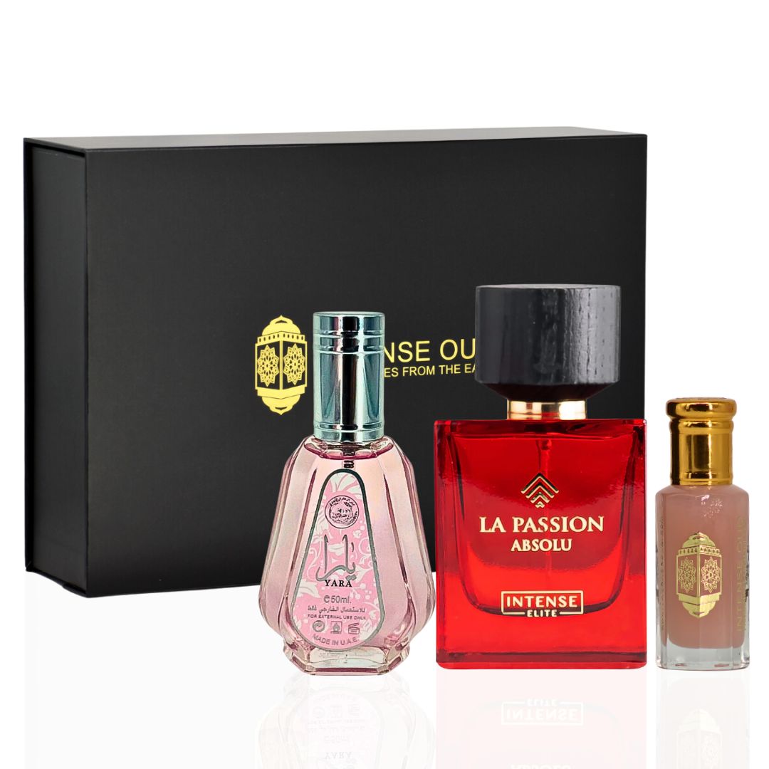 Yara EDP Spray 50ML (1.7 OZ), Pink Musk Perfume Oil 12ML (0.4 OZ), La Passion Absolu For Women EDP Spray 100 ML (3.4 OZ) With Magnetic Gift Box | Feel Irresistible With These Captivating Scents. - Intense Oud
