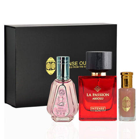 Yara EDP Spray 50ML (1.7 OZ), Pink Musk Perfume Oil 12ML (0.4 OZ), La Passion Absolu For Women EDP Spray 100 ML (3.4 OZ) With Magnetic Gift Box | Feel Irresistible With These Captivating Scents. - Intense Oud