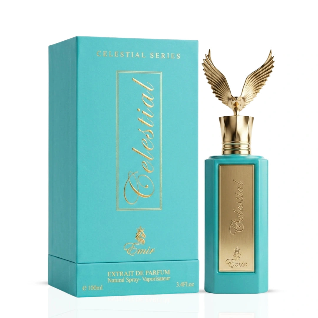 Celestial Emir Eau de Parfum spray by Paris Corner, 100ml, featuring elegant perfume bottle with intricate design.