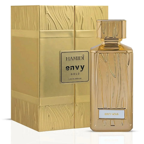 Hamidi Envy Gold Eau de Parfum spray 100ml bottle with gold accents and elegant packaging.