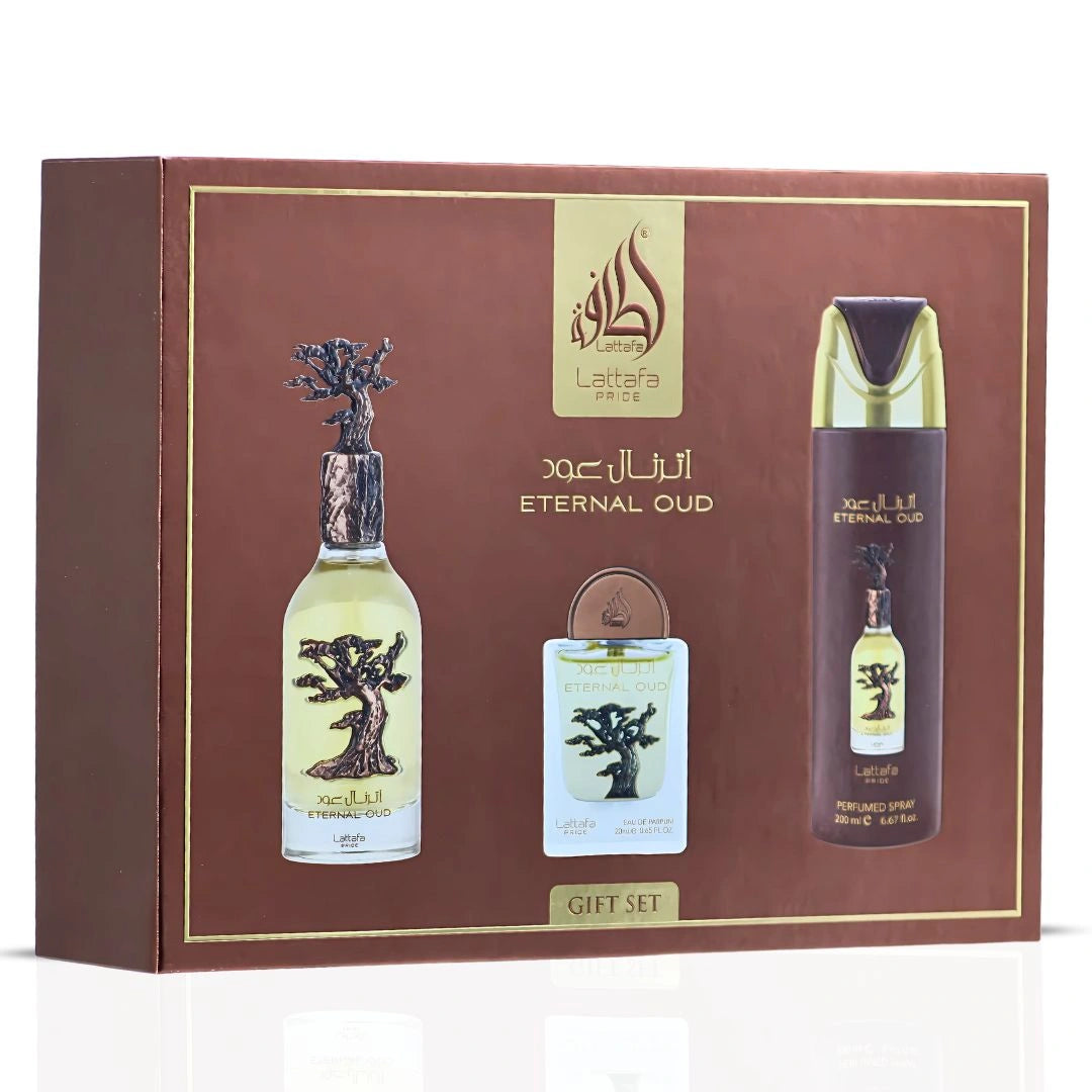 Lattafa Pride Eternal Oud 3-Piece Eau de Parfum Gift Set | Lush Fruit, Powdery Florals & Opulent Smoke (Gift Set) - Intense Oud