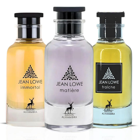 Bundle of two Maison Alhambra Jean Lowe Immortal Eau de Parfum sprays in 100ml bottles, featuring elegant glass bottles with perfume.