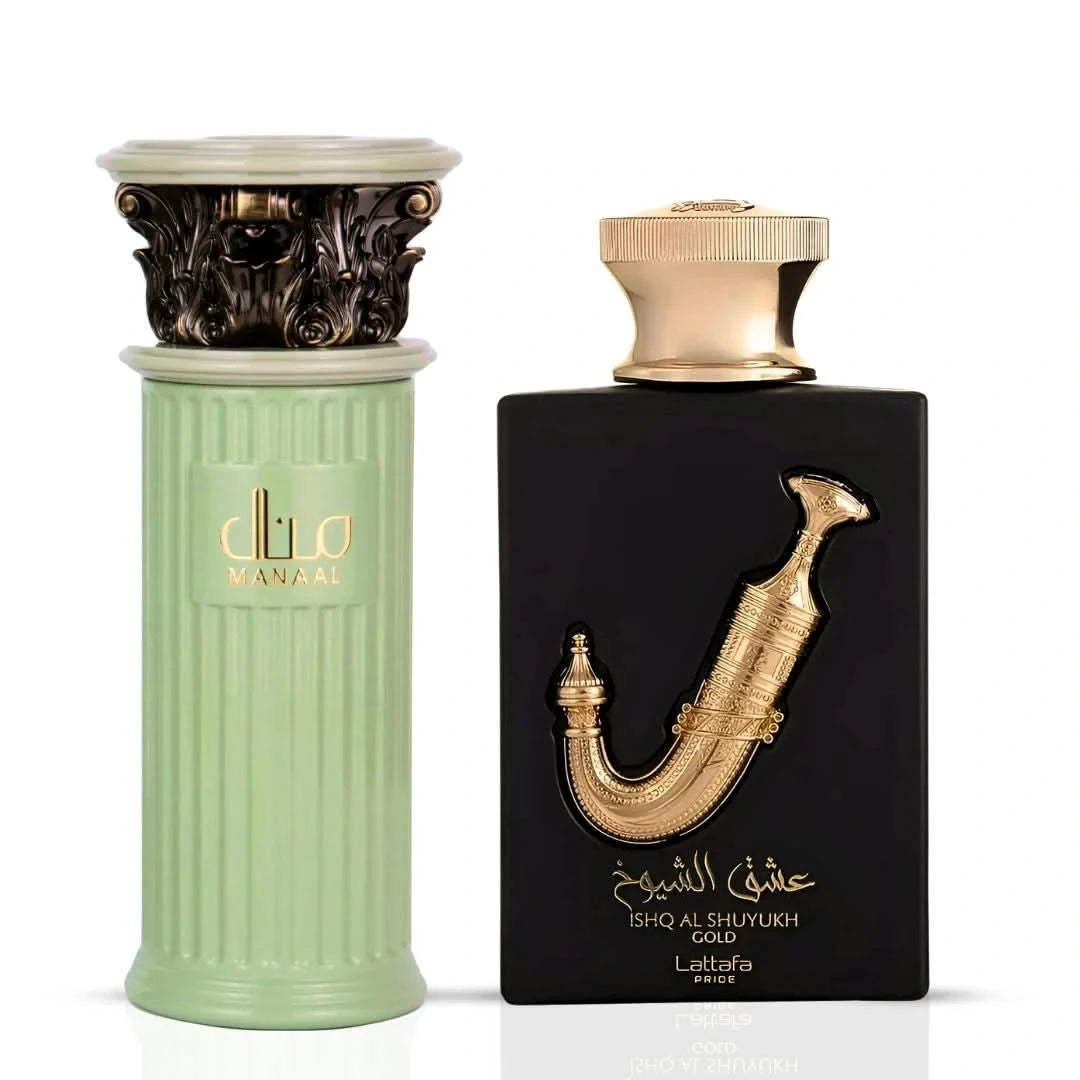 Bundle of Manaal by Ard Al Zaafaran and Ishq Al Shuyukh Gold by Lattafa Eau de Parfum sprays in 100ml bottles, featuring elegant packaging.