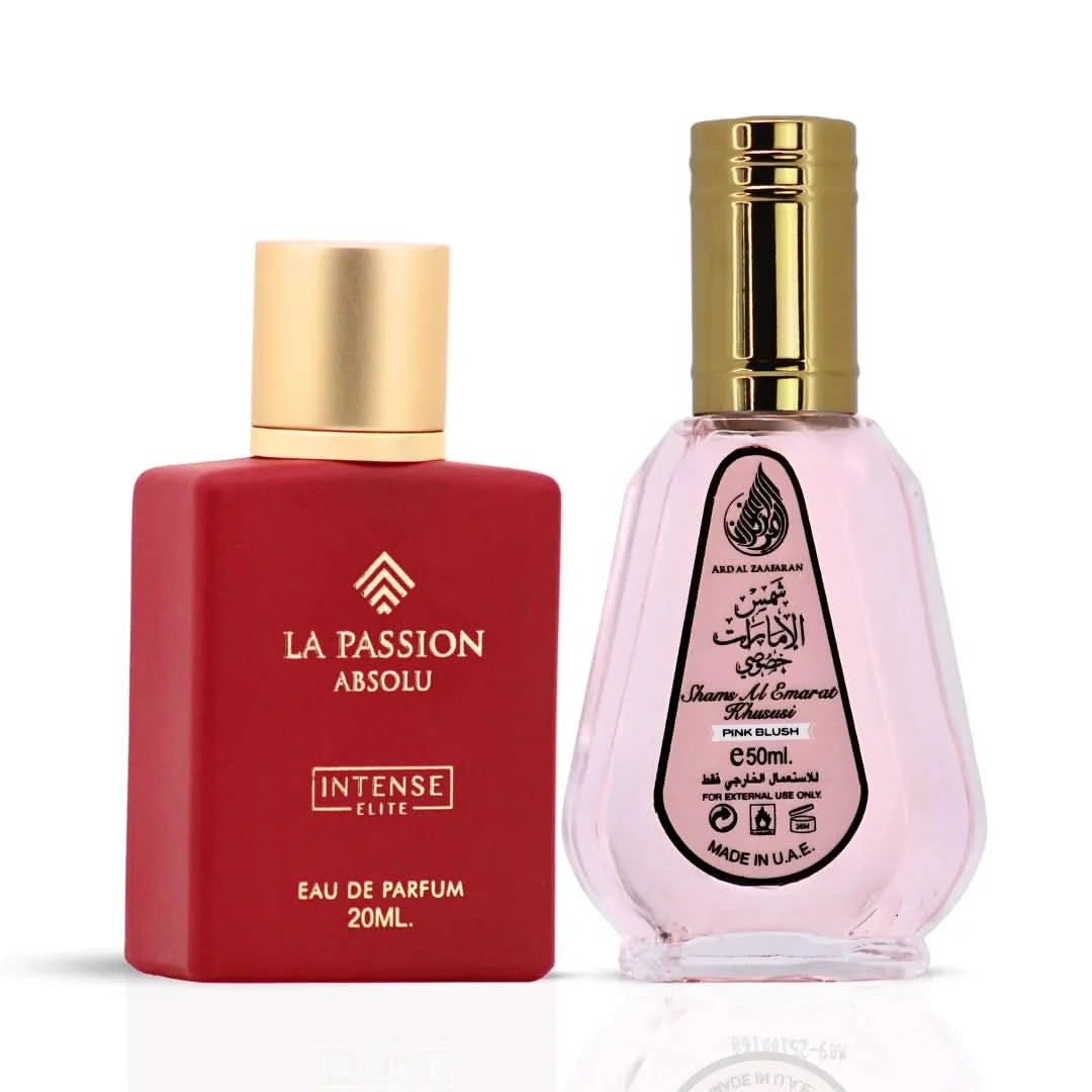 Bundle of Intense Oud La Passion Absolu Women Eau de Parfum 20ml and Pink Blush Shams Al Emarat Khususi 50ml sprays.