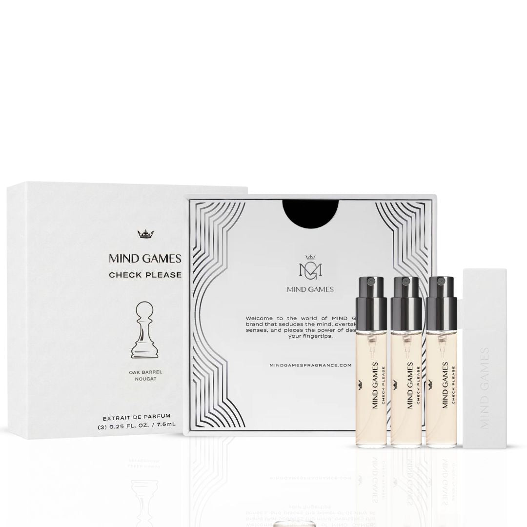 Mind Games Check Please Travel Trio collection featuring three 7.5ml bottles of game-related liquids or scents in a compact set.