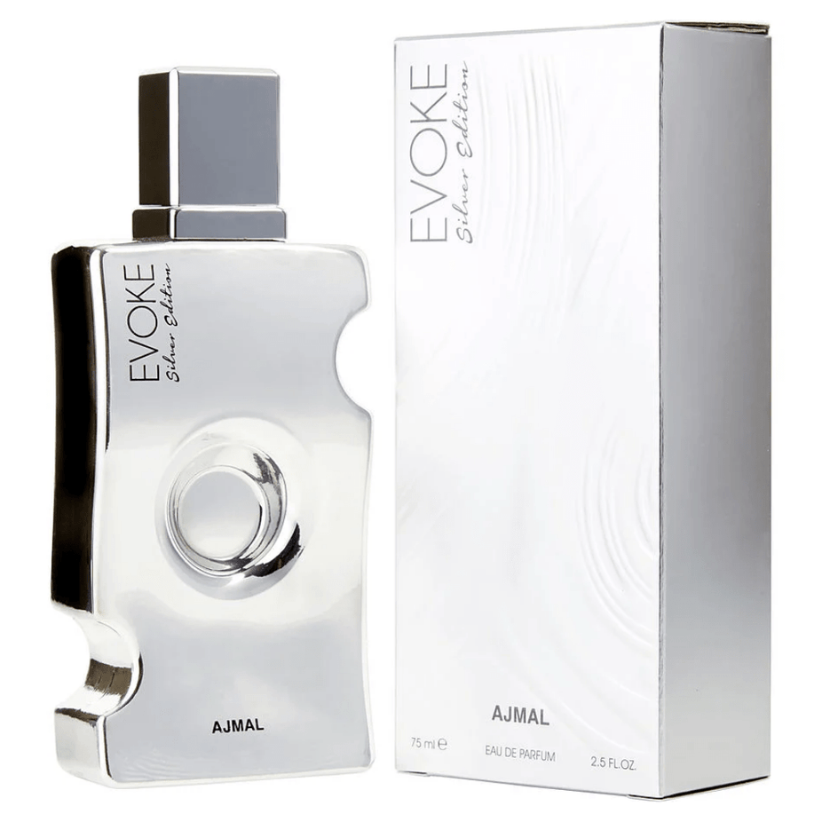 Evoke Silver Edition for Women Ajmal Eau De Parfum 75ml bottle with sleek silver design and elegant floral accents.