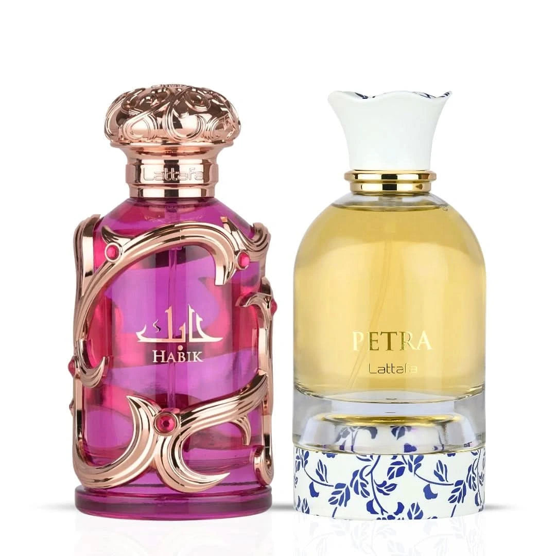 Lattafa Habik for Women and Petra Eau de Parfum sprays in a 100ml bundle, featuring elegant bottles with floral and fruity designs.