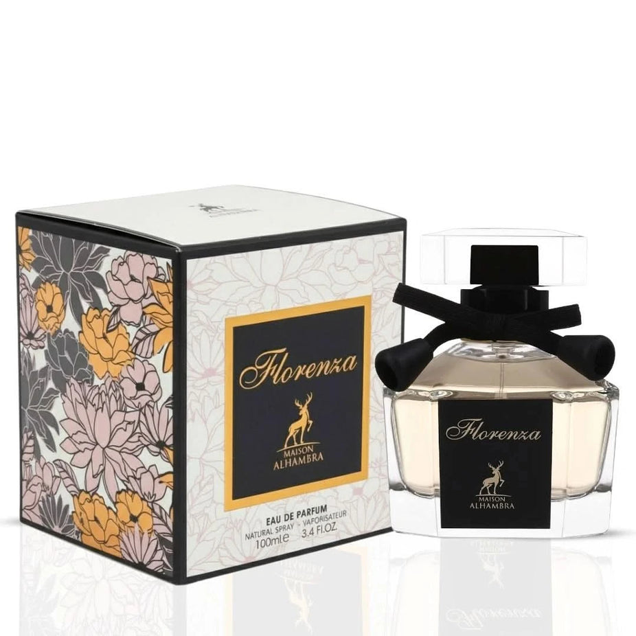 Florenza Eau de Parfum Spray by Maison Alhambra, 100ml bottle with elegant floral design and gold accents.