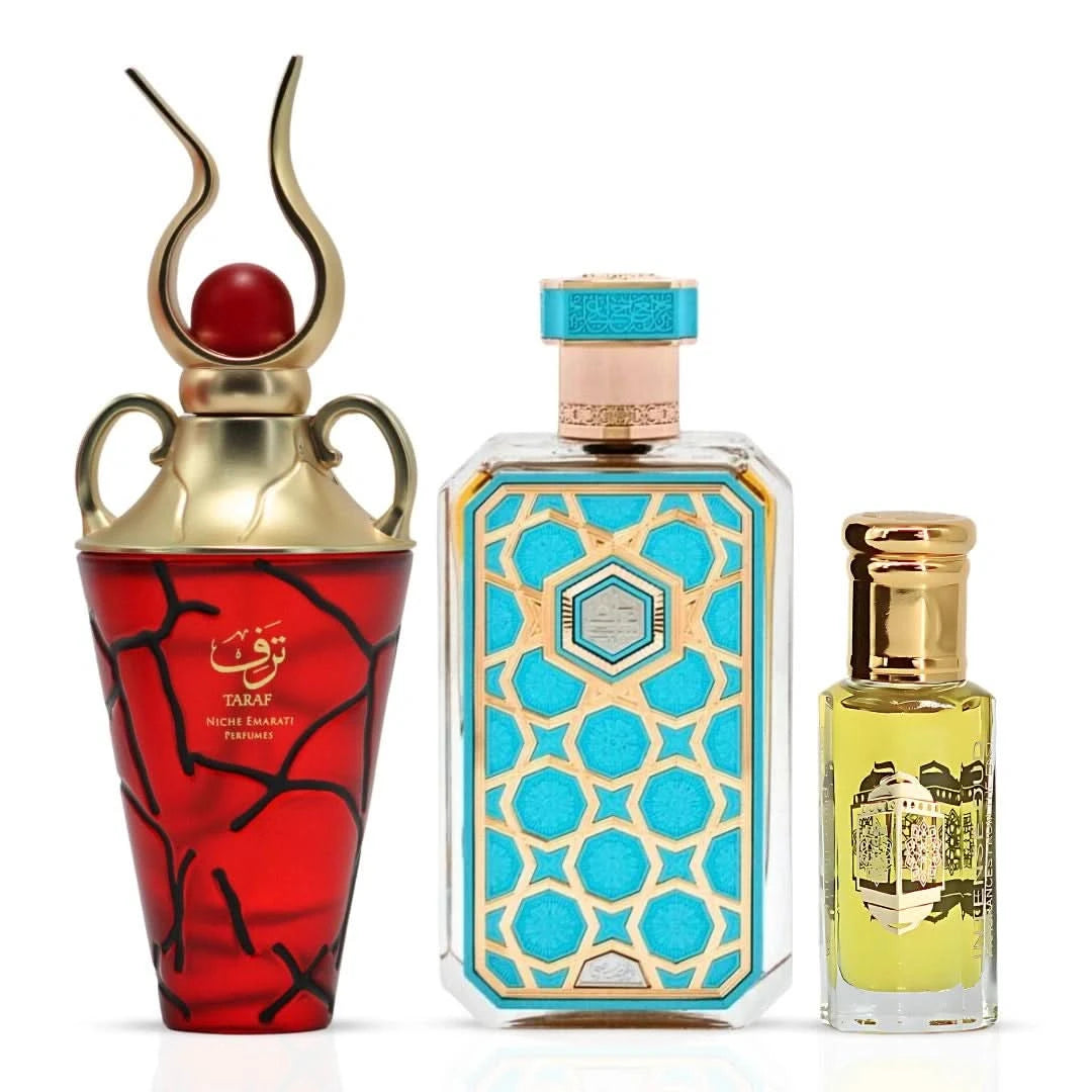 Niche Emarati Taraf, Arabian Prive Saada, and Madawi Perfume Oil bundle including Lattafa Eau de Parfum and Rasasi Oud oils.