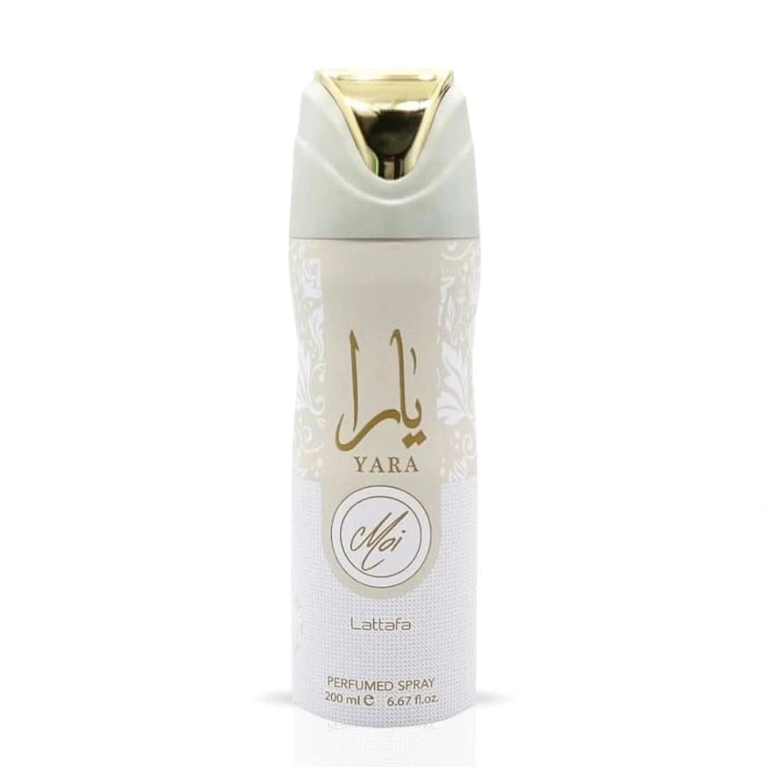 Lattafa Yara Moi deodorant spray in 200ml bottle, featuring a sleek design and fresh scent, suitable for everyday use.