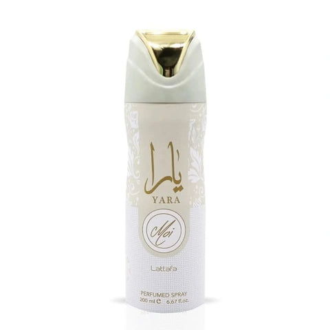 Lattafa Yara Moi deodorant spray in 200ml bottle, featuring a sleek design and fresh scent, suitable for everyday use.