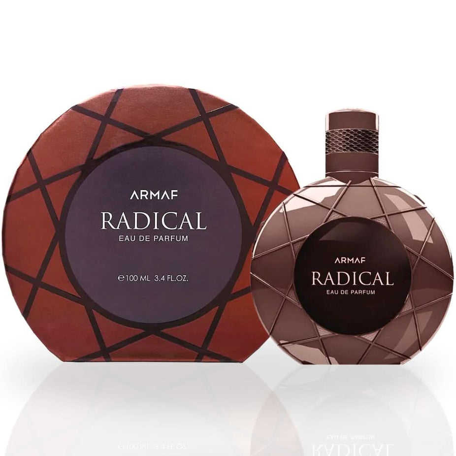 Armaf Radical Brown EDP Eau De Parfum spray bottle, 100ml, with a sleek brown cap and elegant packaging design.