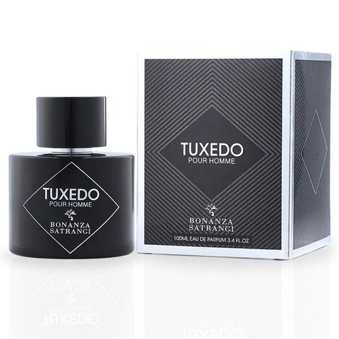 Bonanza Satrangi Tuxedo EDP Spray 100ML with fruity and leathery notes, showcasing the luxurious fragrance bottle.