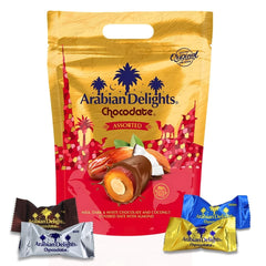 Arabian Delights Chocodate Assorted Pouch 460 GMS by Intense Delish | A Variety of Milk, Dark, White & Coconut Flaked Chocolates with Almond-Stuffed Dates Coated in Chocolate. - Intense Oud