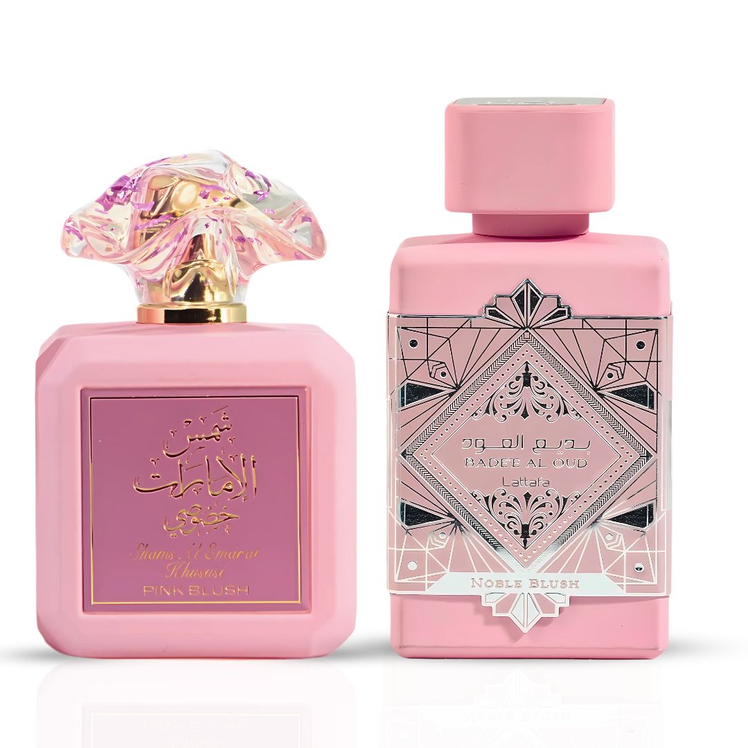Pink Blush Shams Al Emarat Khususi by Ard Al Zaafaran & Bad'ee Al Oud Noble Blush by Lattafa - Eau De Parfum Sprays 100ML (3.4 OZ) | A Luxurious Duo of Fruity Florals & Creamy Gourmands (Bundle) - Intense Oud