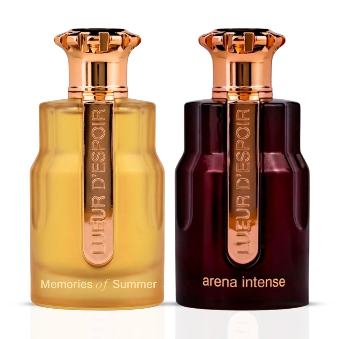 Paris Corner Lueur d'Espoir Memories of Summer & Arena Intense Eau de Parfum sprays, 100ml bundle, elegant fragrance duo