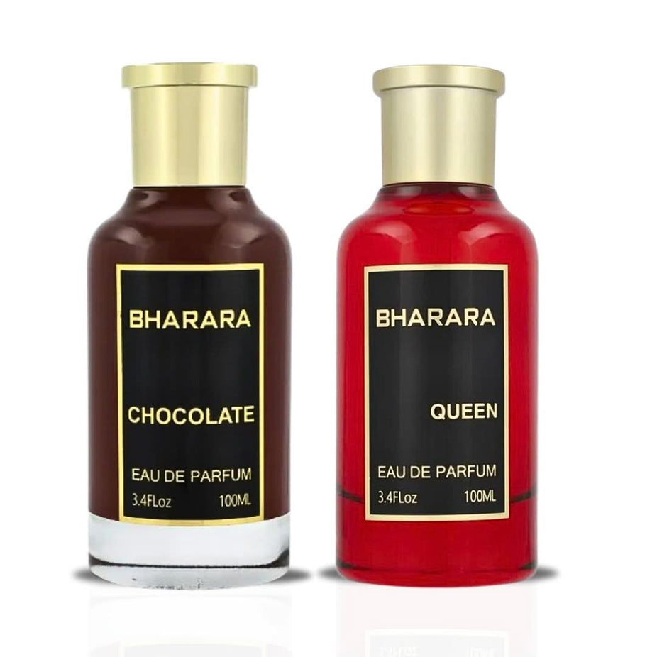 Bharara Chocolate & Bharara Queen Eau de Parfum Spray bundle with two 100ml bottles, featuring elegant fragrance bottles.