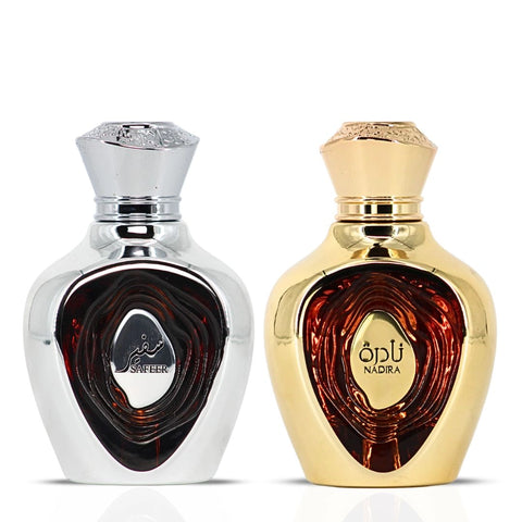 Niche Emarati Safeer & Nadira Eau De Parfum Sprays 100ml (3.4 oz) by Lattafa | A Pairing of Refined Spice and Luscious Fruity Delight (Bundle) - Intense Oud