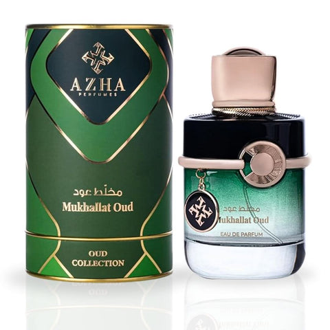 Azha Oud Collection Mukhallat Oud EDP 100ML perfume bottle with elegant packaging and luxurious fragrance design.
