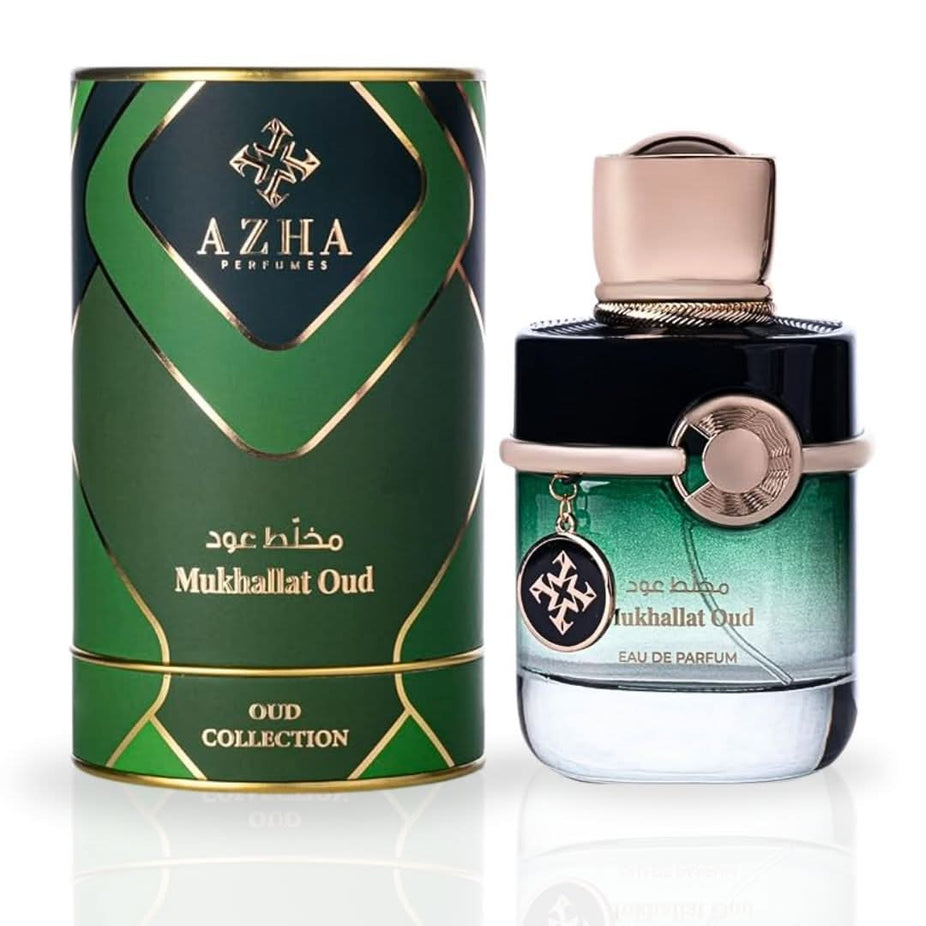 Azha Oud Collection Mukhallat Oud EDP 100ML perfume bottle, luxurious fragrance, elegant packaging, captured in a stylish image.