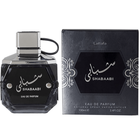 Lattafa Shabaabi for Men Eau De Parfum 100ML bottle with sleek black packaging and modern design.