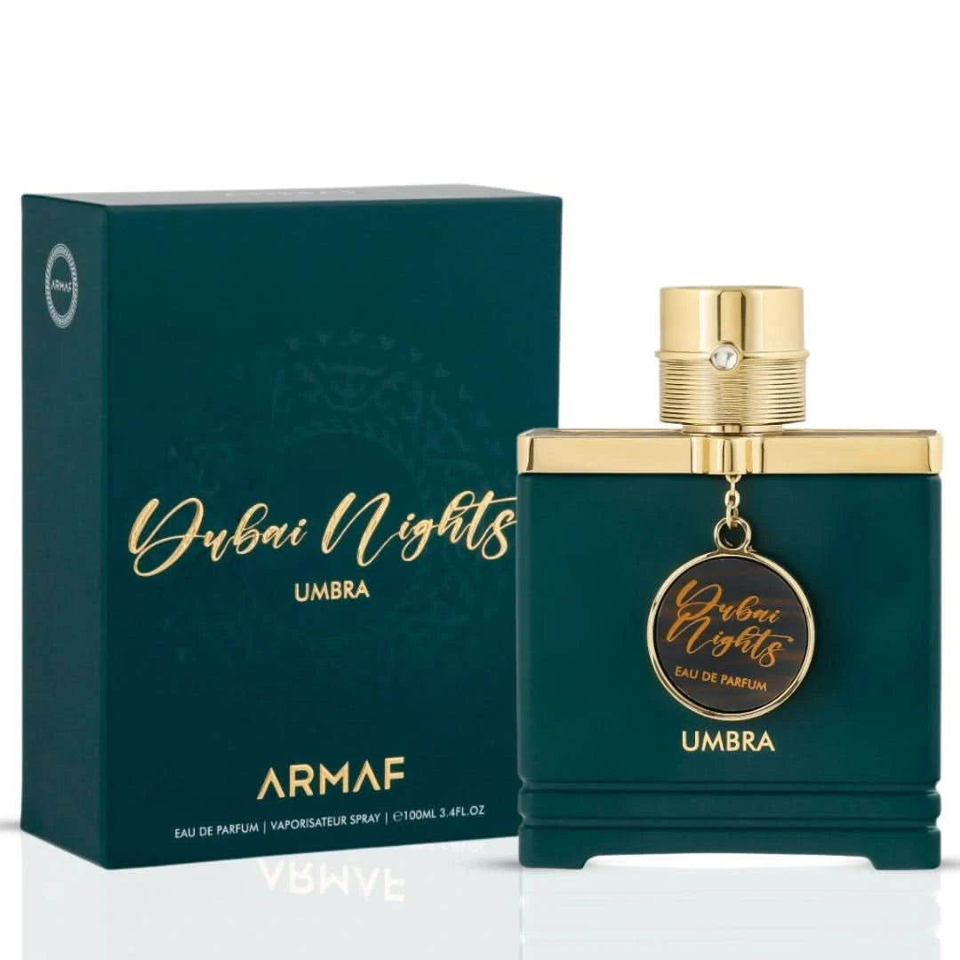 Armaf Dubai Nights Umbra Eau de Parfum spray bottle, 100ml, featuring sleek packaging and dark fragrance notes.