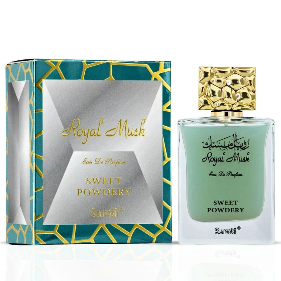 Surrati Royal Musk Sweet Powdery Eau de Parfum spray bottle, 100ml, featuring elegant packaging with a sleek design.