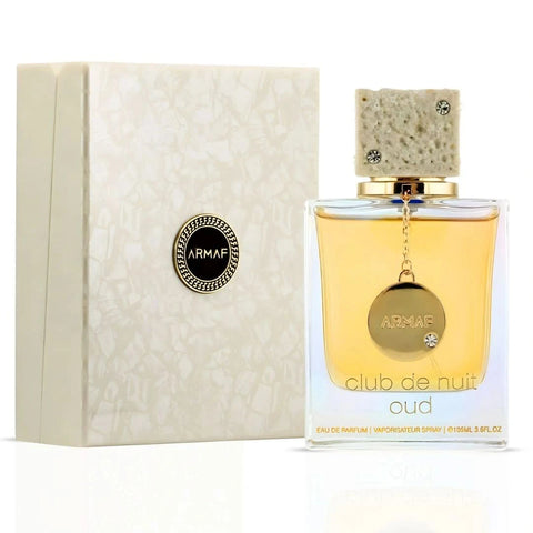 Armaf Club De Nuit Oud I Eau de Parfum spray bottle, 105ml, with sleek black packaging and elegant design.