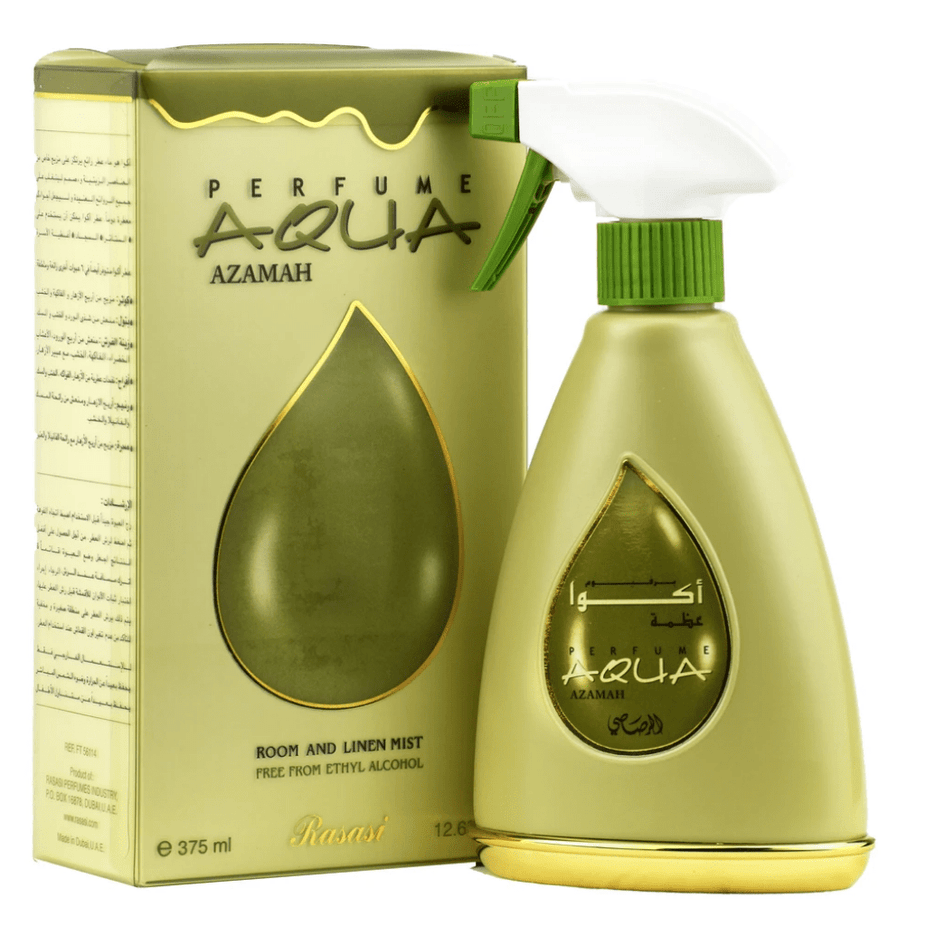 Aqua Azamah air freshener by Rasasi in a 375ml bottle, with a sleek design and fresh, floral scent label.