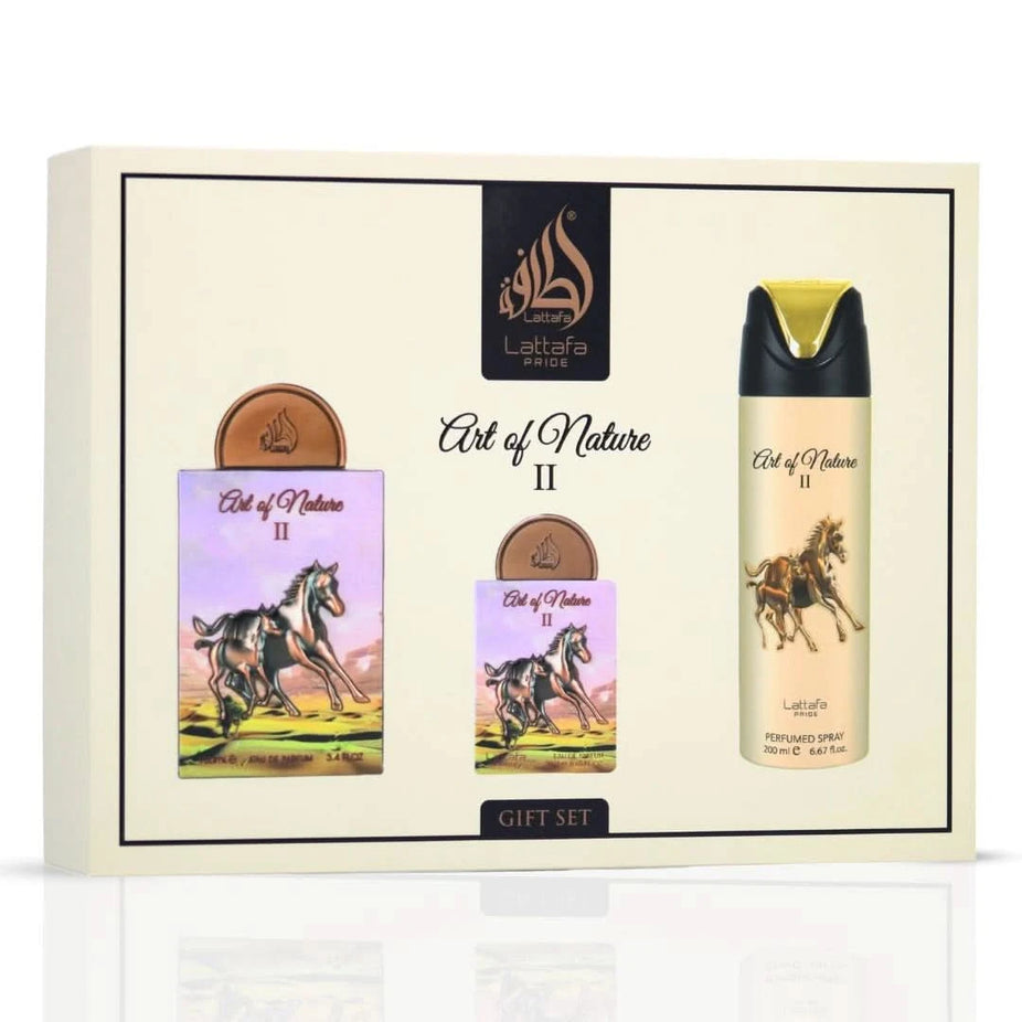 Art of Nature II 3-piece perfume gift set by Lattafa Pride, featuring three elegant perfume bottles with decorative packaging.