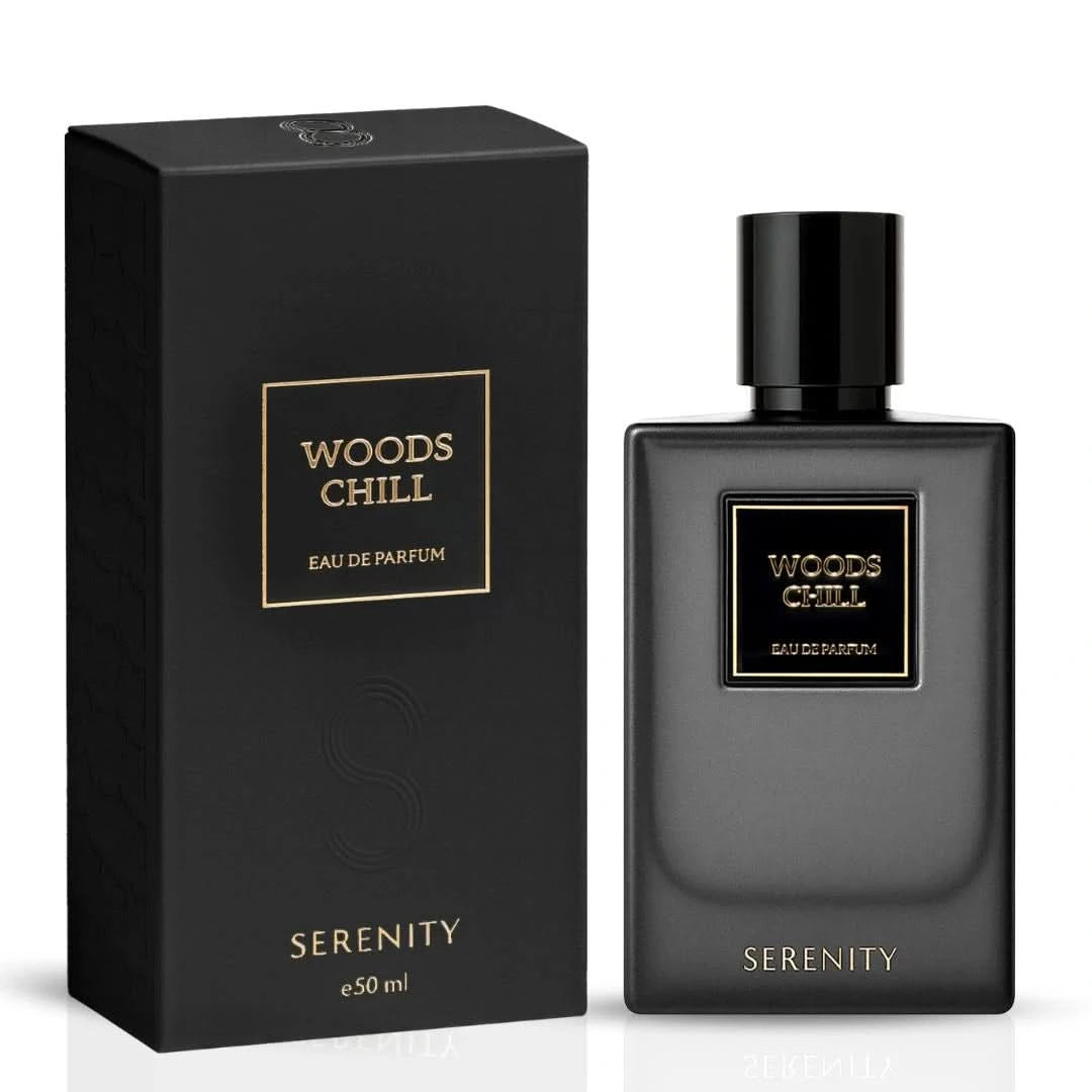 Serenity Woods Chill Eau de Parfum spray 50ml bottle with elegant packaging and a floral, woody fragrance design.