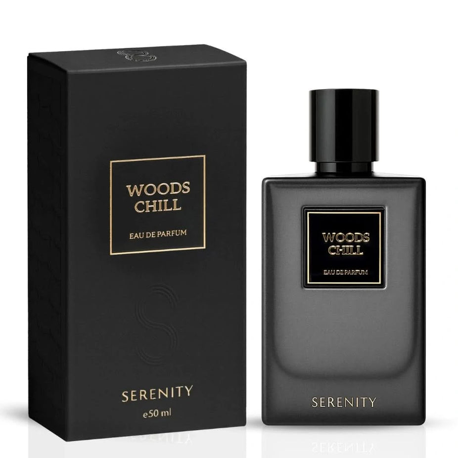 Serenity Woods Chill Eau de Parfum spray 50ml bottle with elegant packaging and a floral, woody fragrance design.